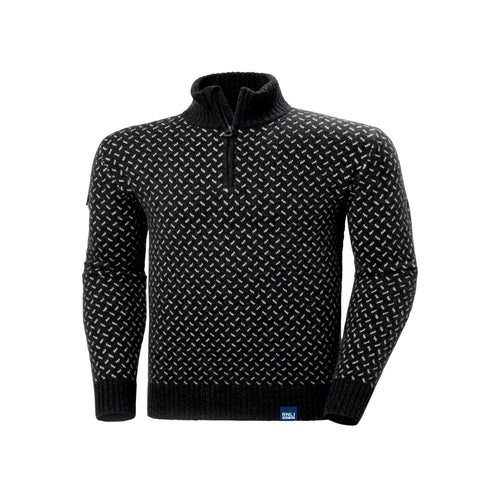 A half-zip long sleeve top with a high collar and all over knit pattern. With the RNLI logo on the hem.