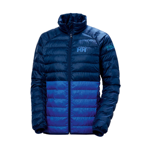 A blue and navy Helly Hansen women's jacket with a full zip, high collar and contrasting logos. 