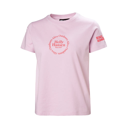 A short-sleeved women's t-shirt in pink with a chest print that says. "Alive Outdoors. Helly Hansen".