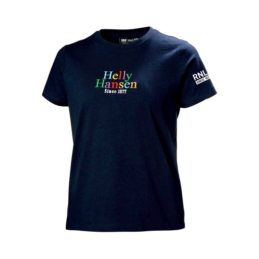 A navy short-sleeved t-shirt with a multicoloured "Helly Hansen" graphic on the chest. 