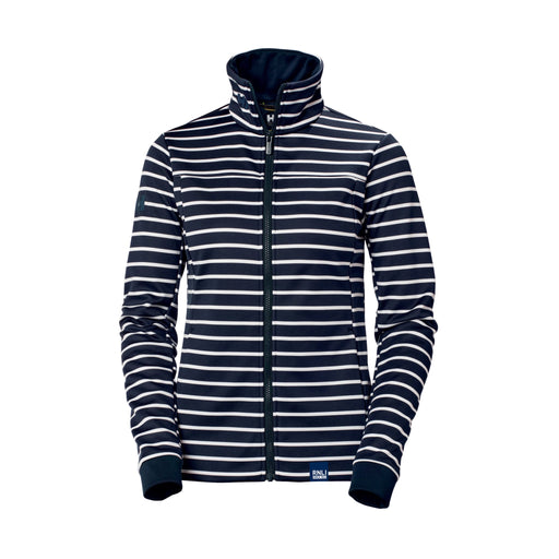 A long-sleeved fleece jacket in navy with white horizontal stripes.