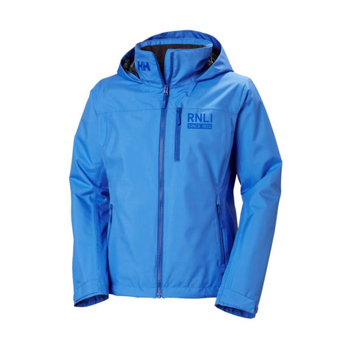 A blue women's waterproof coat with a hood and full zip. 