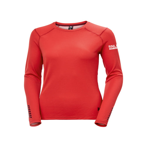 A red long sleeve top with a round neck and black sleeve details. The RNLI logo is on the left sleeve in white.