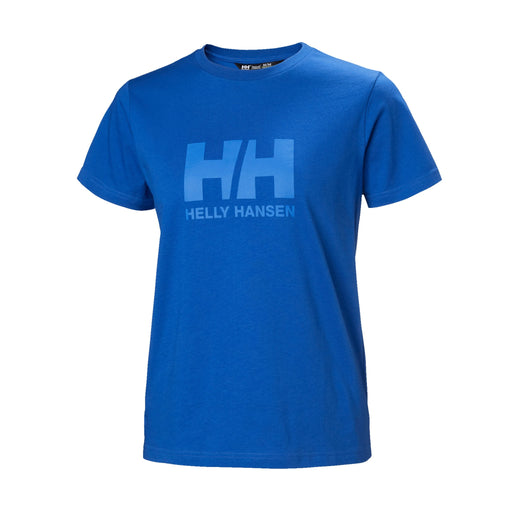 A blue, short sleeved women's t-shirt with the HH Helly Hansen logo on the chest in a lighter blue.