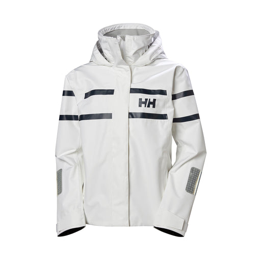 A white Helly Hansen women's jacket with a full zip and contrasting black details. 