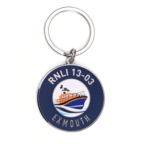 AN RNLI Launch a Memory Exmouth Boat Keyring in silver, navy and orange.