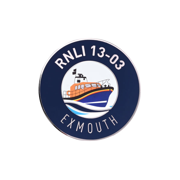 An RNLI Launch a Memory Exmouth Boat Magnet in navy, orange and silver.