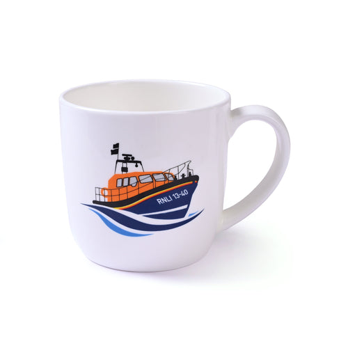 A white mug with an RNLI lifeboat illustration on one side