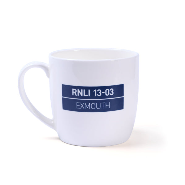 A white, bone china mug with a navy RNLI 13-03 Exmouth  emblem