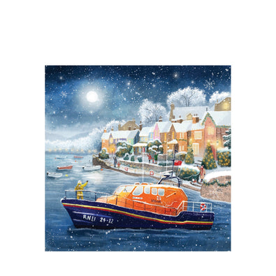 An RNLI Lifeboat Harbour Christmas Card with an illustration of a Shannon lifeboat and a snowy village behind.