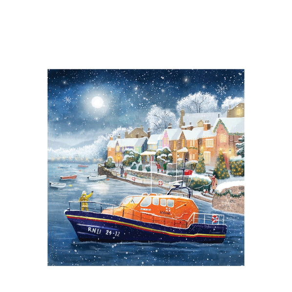 An RNLI Lifeboat Harbour Christmas Card with an illustration of a Shannon lifeboat and a snowy village behind.