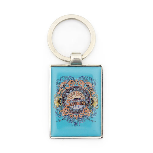 A metal keyring with an illustrated RNLI Lifeboat Saturday design. 