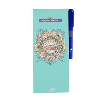 A magnetic notepad with an illustrated RNLI Lifeboat Saturday design on the cover.