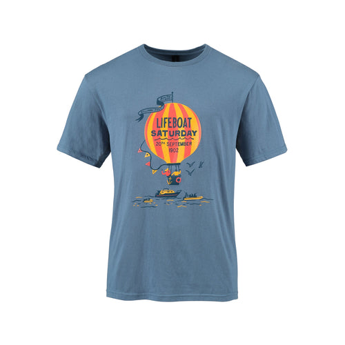 A blue, relaxed fit men's t-shirt with a balloon and lifeboat print on the chest.