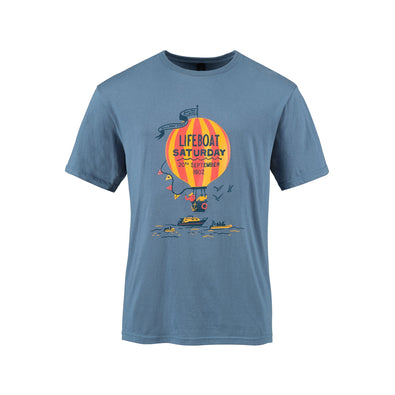 A blue, relaxed fit men's t-shirt with a balloon and lifeboat print on the chest.