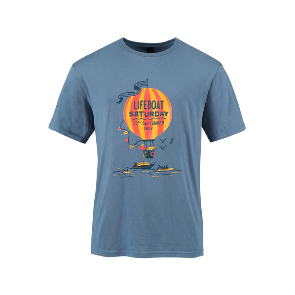 A blue, relaxed fit men's t-shirt with a balloon and lifeboat print on the chest.
