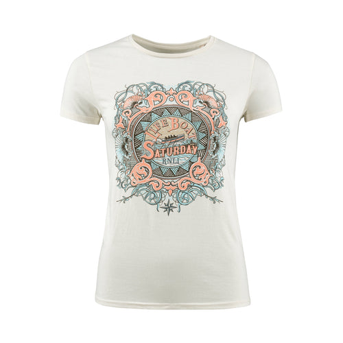 A white short sleeved t-shirt with illustrated chest print.