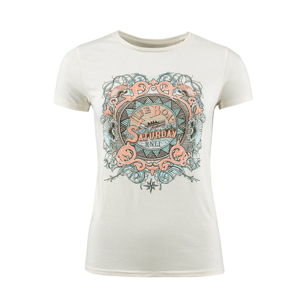 A white short sleeved t-shirt with illustrated chest print.