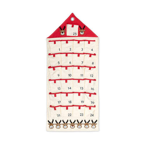 A fabric Reindeer Advent calendar in cream with red details. With 7 reindeer characters at the bottom with light-up noses.