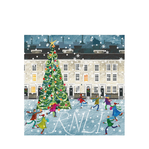 An illustrated, square Christmas card of skaters at a rink with a decorated Christmas tree in the centre.
