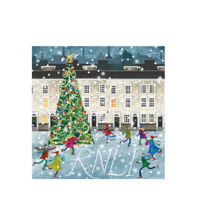 An illustrated, square Christmas card of skaters at a rink with a decorated Christmas tree in the centre.