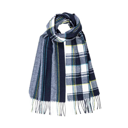 A navy and grey check and stripe Scarf with tassels. 