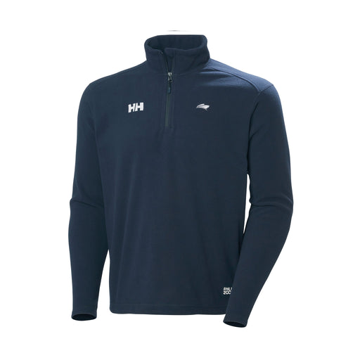A navy fleece with a high collar and half zip. It features the HH logo on the right chest, a boat logo on the left and the RNLI 200 emblem near the hem. 