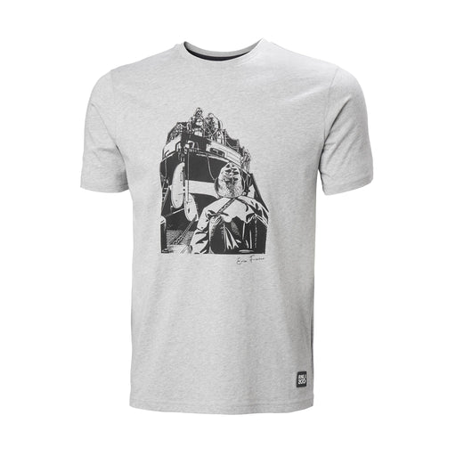 A grey, round-neck t-shirt with a chest print of an RNLI lifeboat and crew person. 