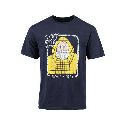 A navy t-shirt with short sleeves and a printed illustration of a heritage lifeboat crew member on the chest.