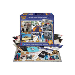 Murder Mystery Passport Murder game box with contents spread out underneath.