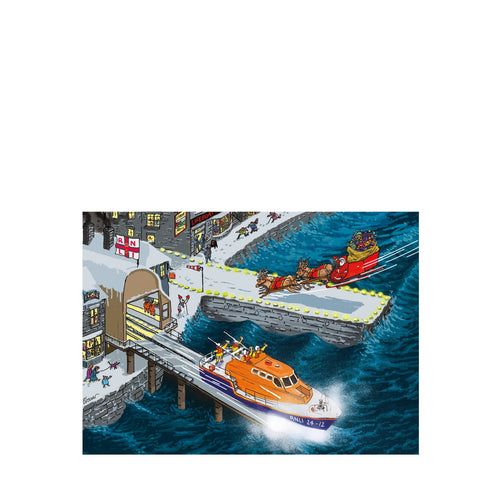 An illustrated, landscape Christmas card with an RNLI lifeboat launching form a slipway and Santa flying above in his sleigh.