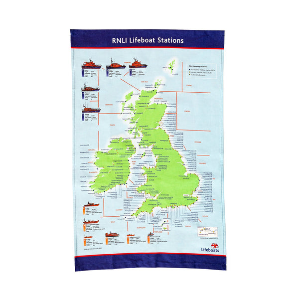 A tea towel printed with a map of the UK and Ireland showing where RNLI lifeboat stations are situated. 