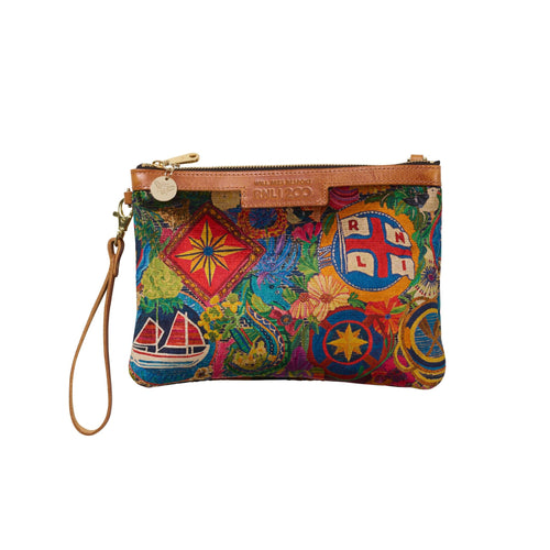 The RNLI 200 Limited Clutch Bag, made from brown leather and colourful velvet with an intricate RNLI design.