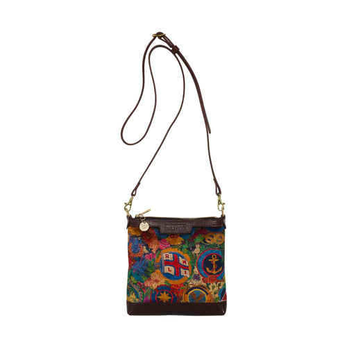 The RNLI 200 Limited Crossbody Bag, made from brown leather and colourful velvet with an intricate RNLI design.