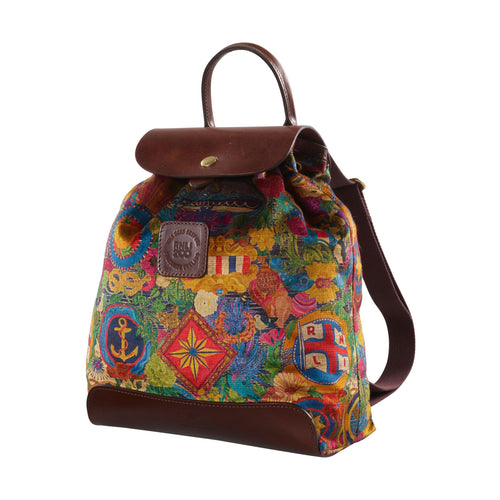 The RNLI 200 Limited Rucksack, made from brown leather and colourful velvet with an intricate RNLI design.
