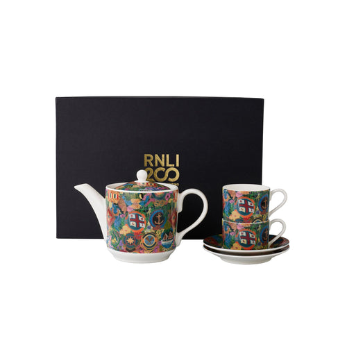 The RNLI 200 Limited Tea Set – a teapot and set of two teacups and saucers featuring a colourful RNLI design.