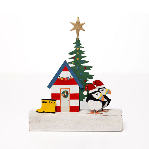 RNLI Beach Hut and Puffins Standing Decoration