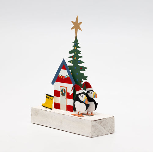 RNLI Beach Hut and Puffins Standing Decoration