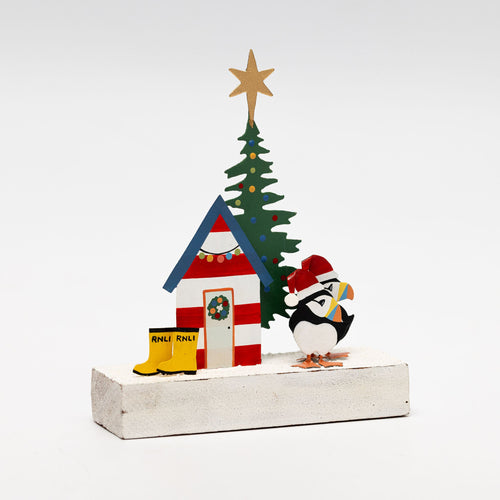 RNLI Beach Hut and Puffins Standing Decoration