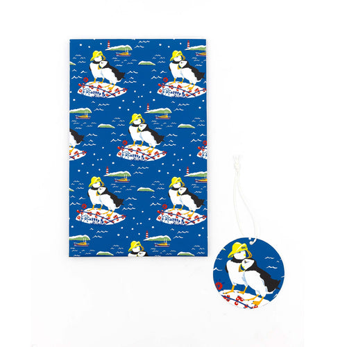 RNLI CHRISTMAS HARBOUR SCENE WITH PUFFINS WRAP + TAGS