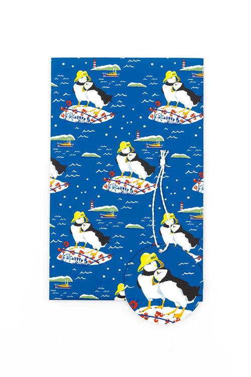 RNLI CHRISTMAS HARBOUR SCENE WITH PUFFINS WRAP + TAGS