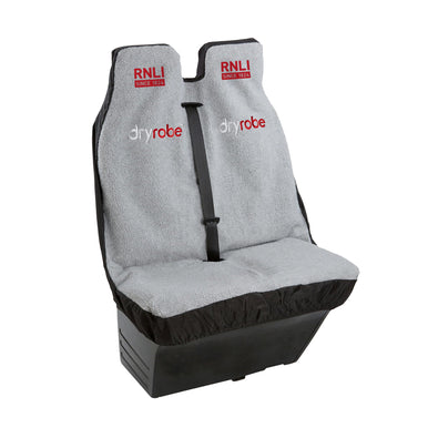 A grey RNLI Dryrobe car seat cover with red RNLI and dryrobe logos on them. 