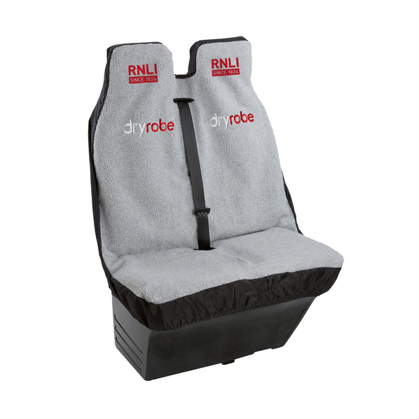 A grey RNLI Dryrobe car seat cover with red RNLI and dryrobe logos on them. 