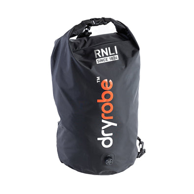 A black RNLI dryrobe rucksack with a roll-top and dual dryrobe and RNLI branding. 