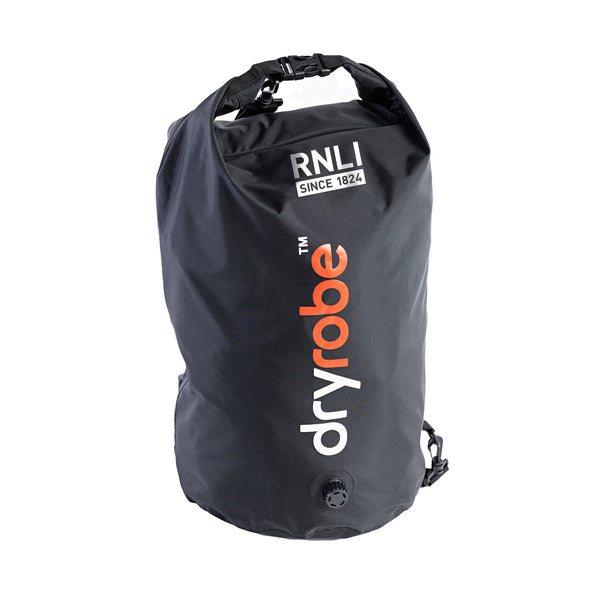 A black RNLI dryrobe rucksack with a roll-top and dual dryrobe and RNLI branding. 