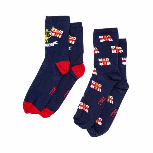 Two pairs of navy RNLI socks with the RNLI flag printed on them - one with an all-over pattern and one with the print on the ankles.