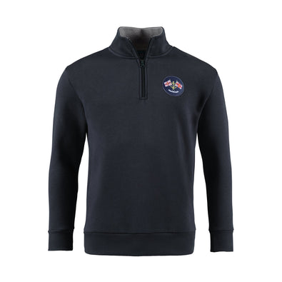 A navy long sleeve sweatshirt with a high collar and an embroidered badge on the left chest.