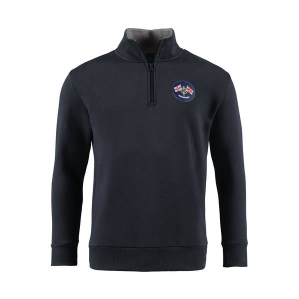 A navy long sleeve sweatshirt with a high collar and an embroidered badge on the left chest.