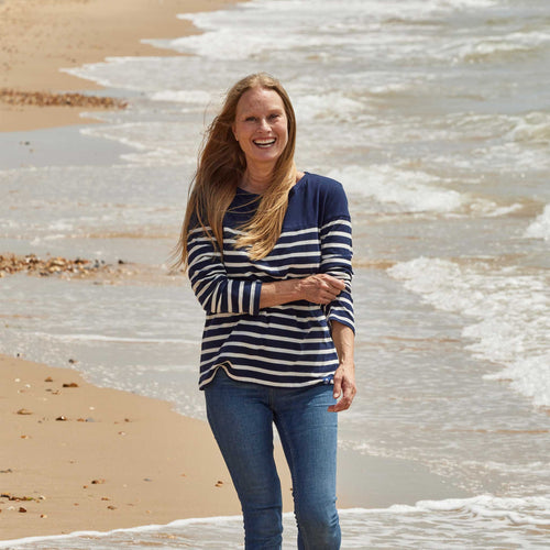 RNLI LS COTTON STRIPE WOMENS T-SHIRT NAVY