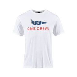 A white, short sleeved t-shirt with an RNLI print on the chest. 